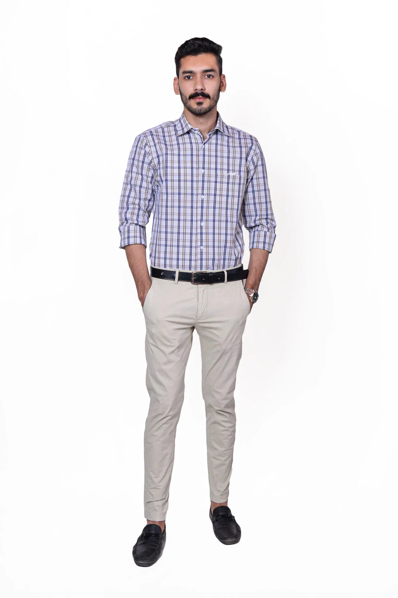 Firdous Blue & Grey Check Menβs Formal Shirt Cotton